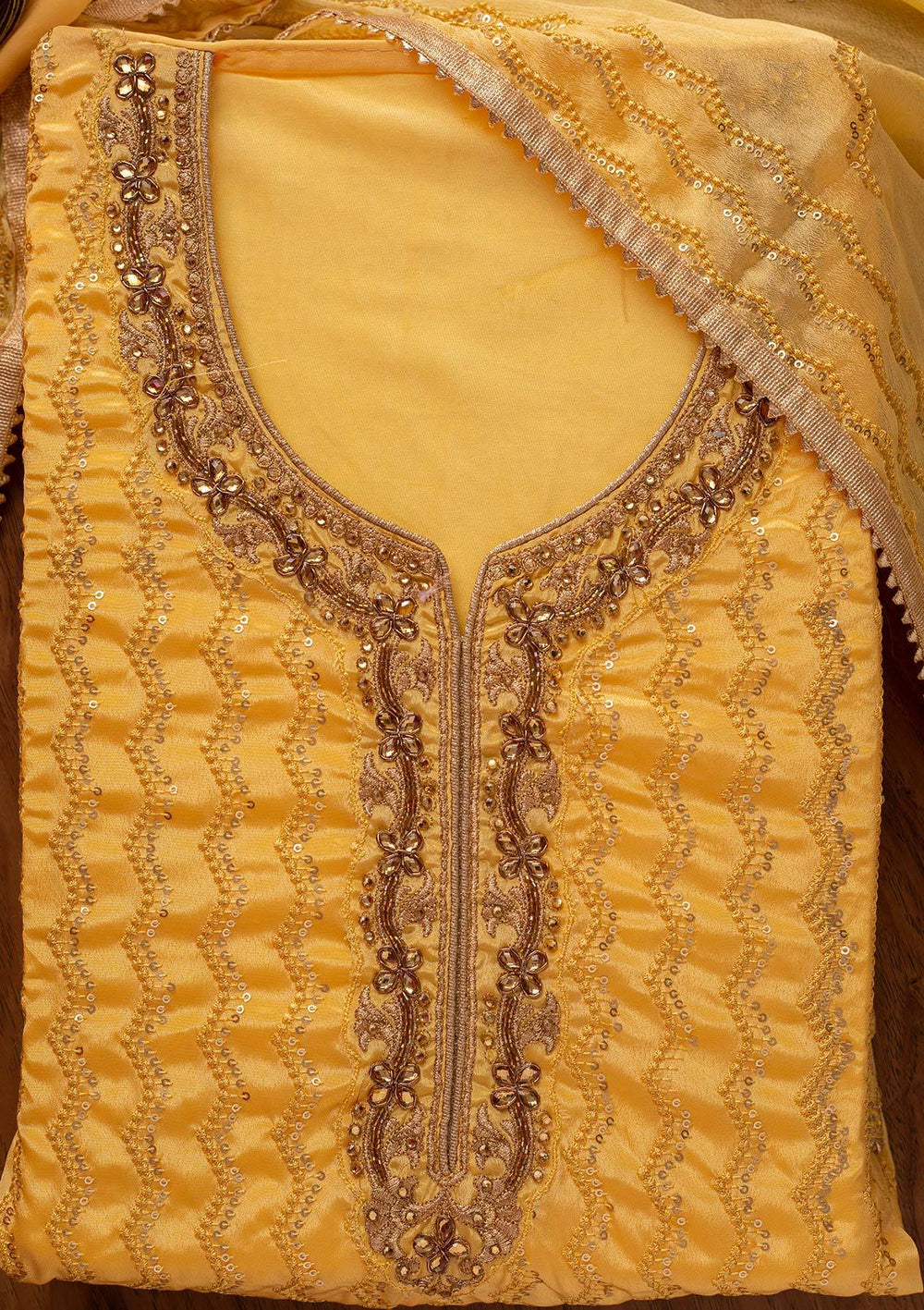 Yellow Sequins Semi Crepe Designer Unstitched Salwar Suit - koskii