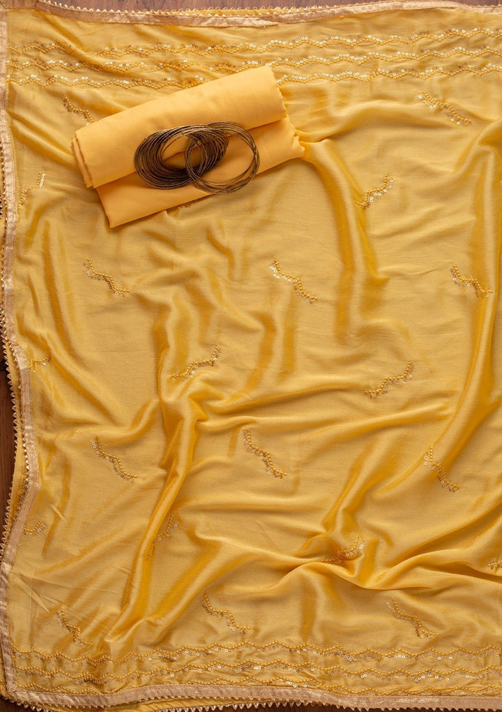 Yellow Sequins Semi Crepe Designer Unstitched Salwar Suit - koskii