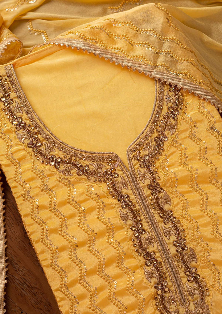 Yellow Sequins Semi Crepe Designer Unstitched Salwar Suit - koskii