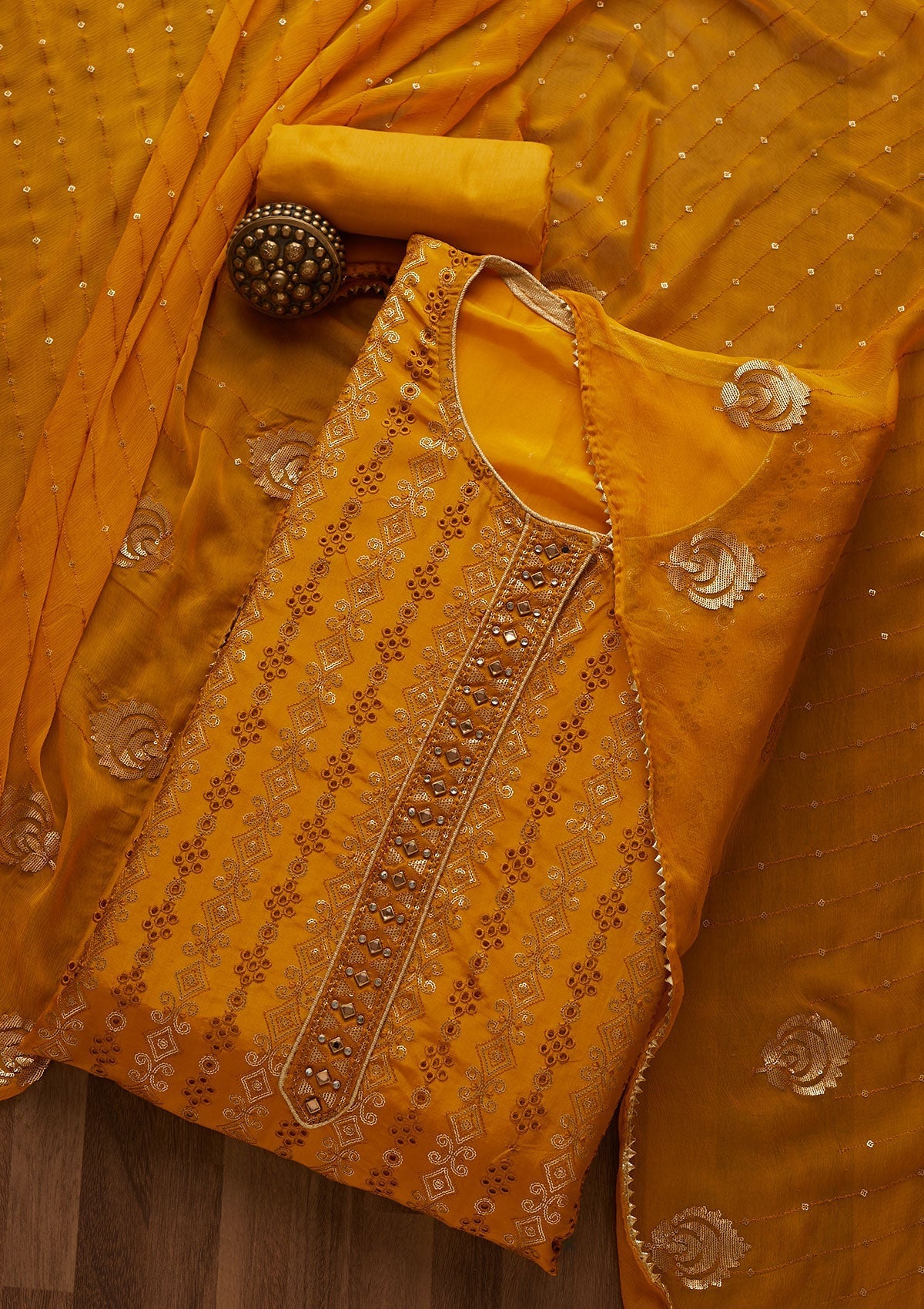 Yellow Sequins Semi Crepe Unstitched Salwar Suit-Koskii