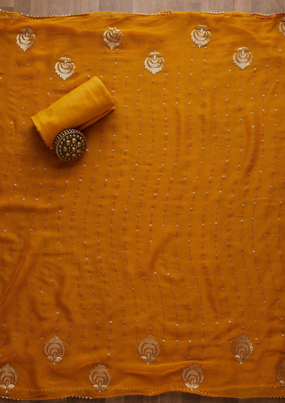 Yellow Sequins Semi Crepe Unstitched Salwar Suit-Koskii