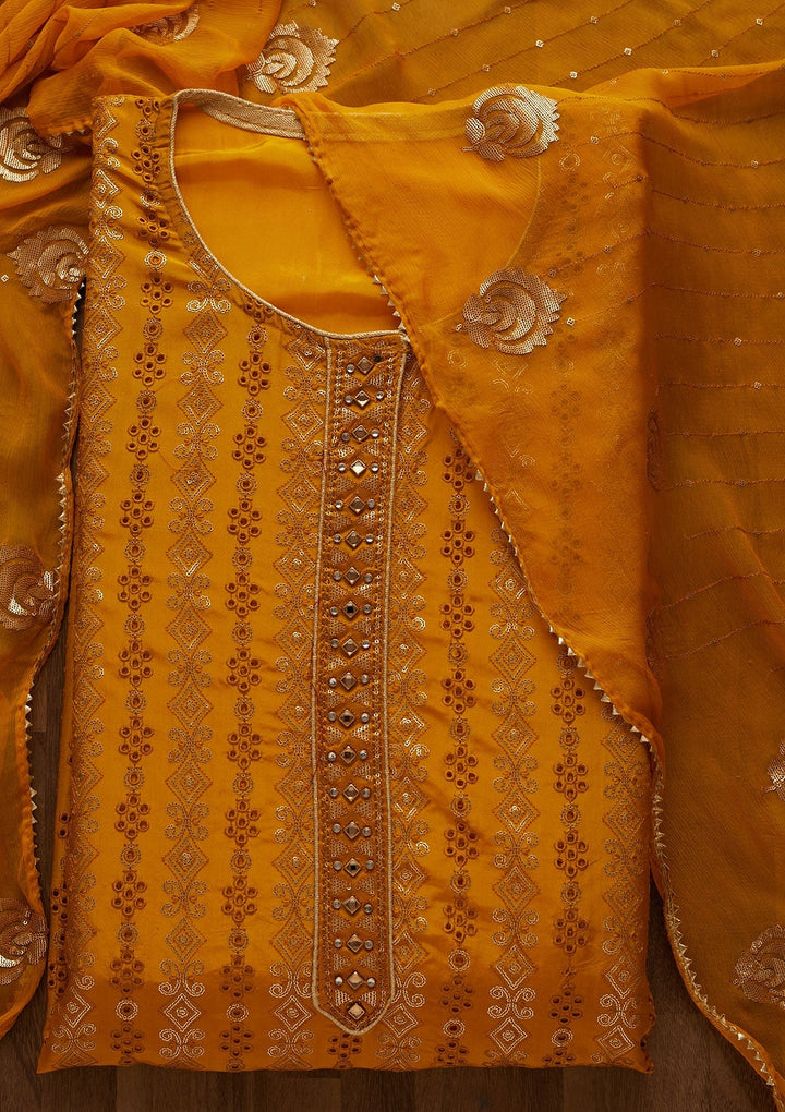 Yellow Sequins Semi Crepe Unstitched Salwar Suit-Koskii