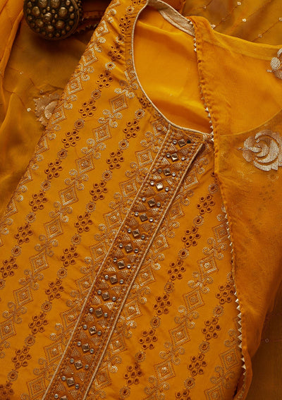 Yellow Sequins Semi Crepe Unstitched Salwar Suit-Koskii