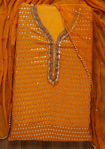 Yellow Sequins Semi Crepe Unstitched Salwar Suit-Koskii