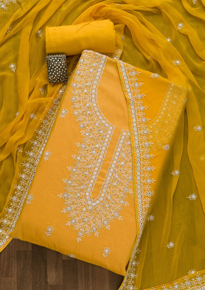 Yellow Silver Stonework Cotton Semi-Stitched Salwar Suit-Koskii