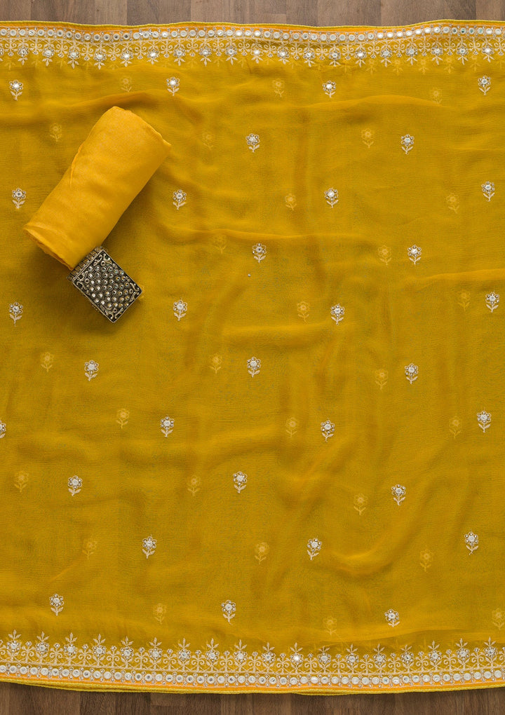 Yellow Silver Stonework Cotton Semi-Stitched Salwar Suit-Koskii