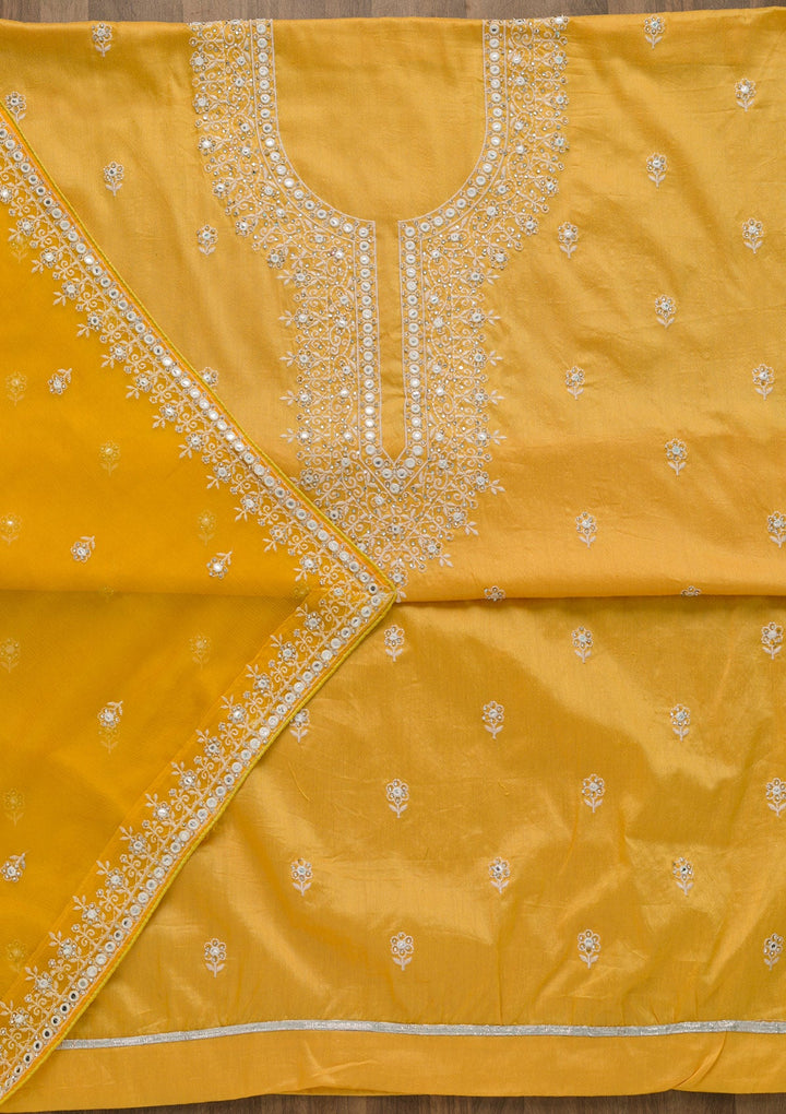 Yellow Silver Stonework Cotton Semi-Stitched Salwar Suit-Koskii