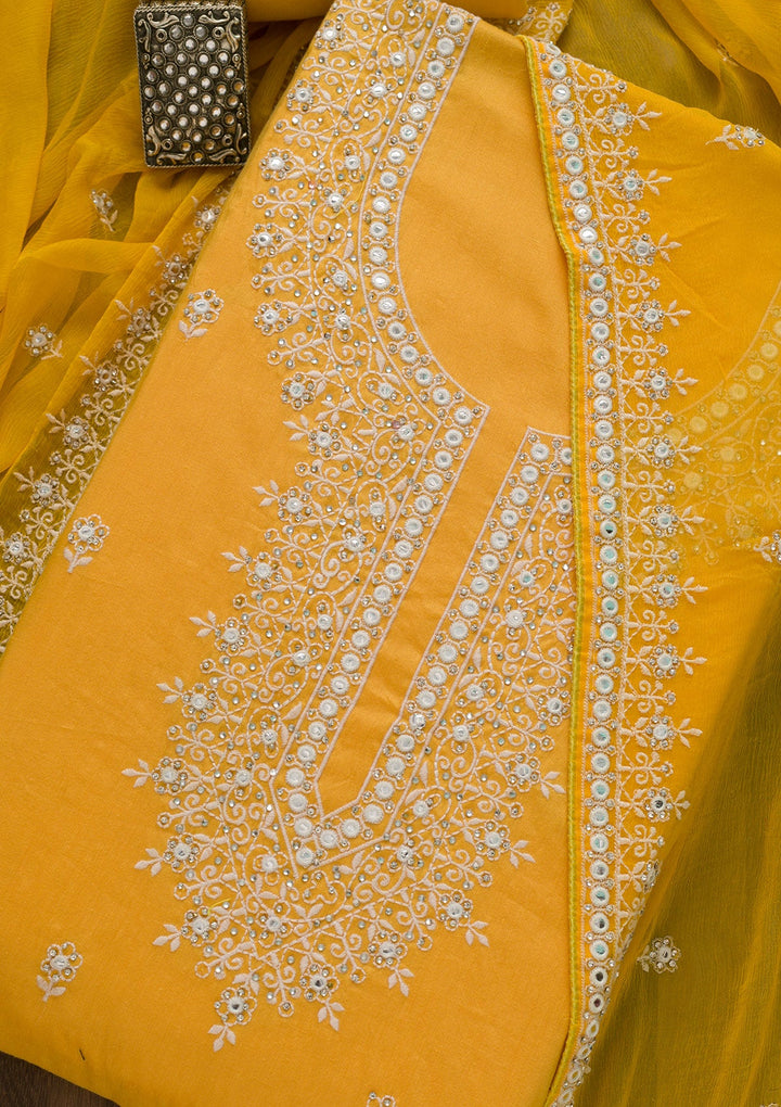 Yellow Silver Stonework Cotton Semi-Stitched Salwar Suit-Koskii