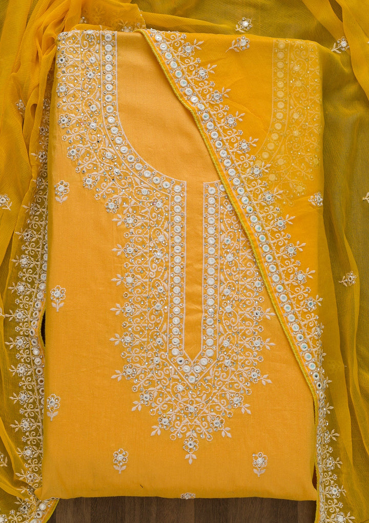Yellow Silver Stonework Cotton Semi-Stitched Salwar Suit-Koskii