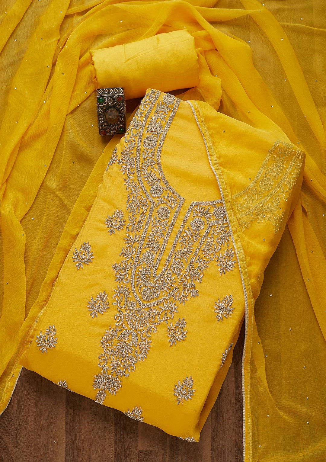 Yellow Silver Stonework Georgette Unstitched Salwar Suit-Koskii