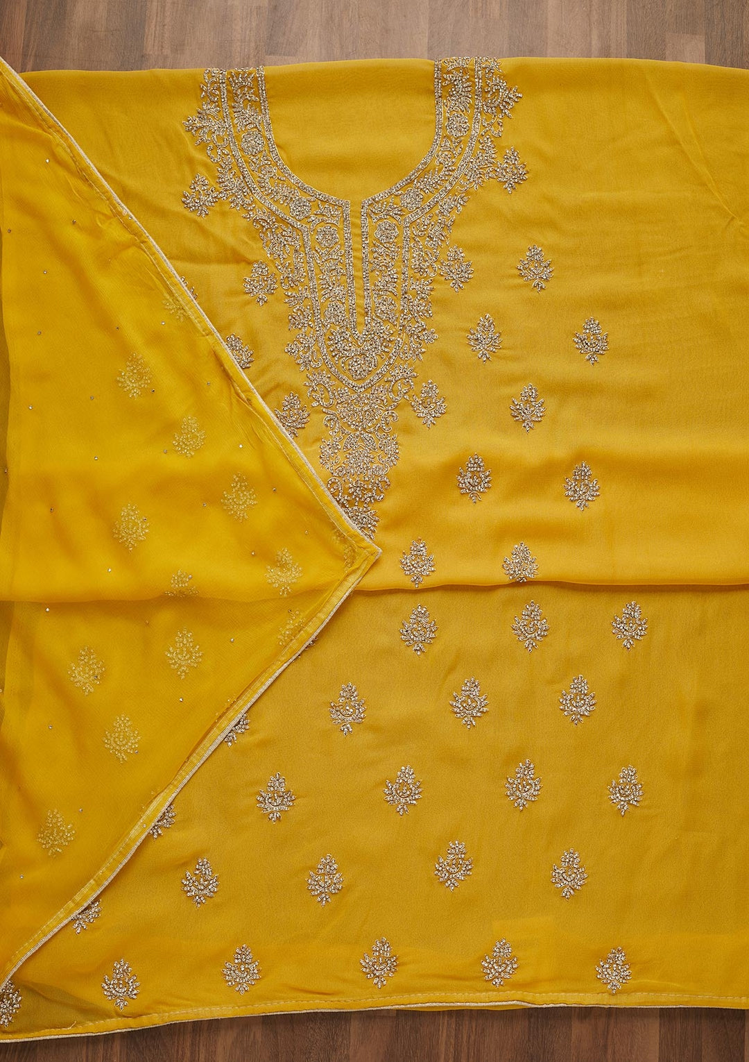 Yellow Silver Stonework Georgette Unstitched Salwar Suit-Koskii