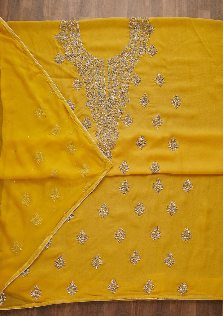 Yellow Silver Stonework Georgette Unstitched Salwar Suit-Koskii