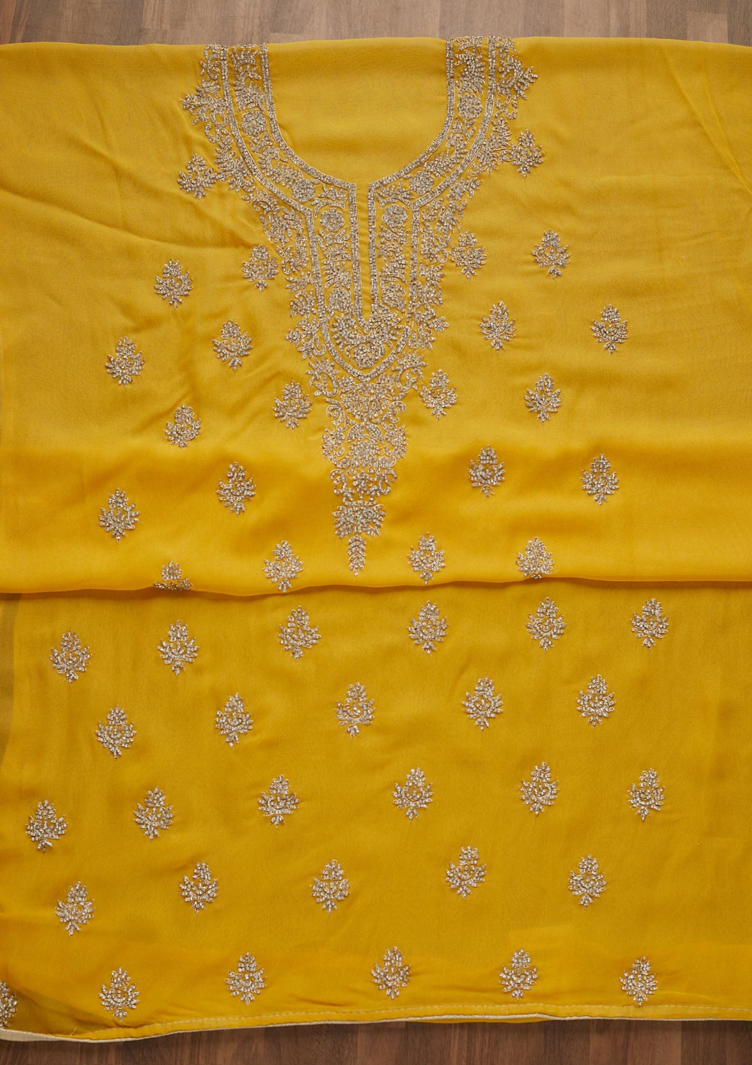 Yellow Silver Stonework Georgette Unstitched Salwar Suit-Koskii