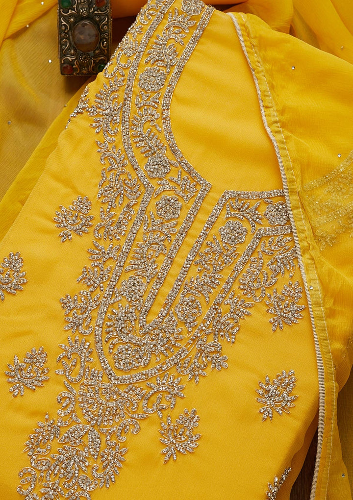 Yellow Silver Stonework Georgette Unstitched Salwar Suit-Koskii