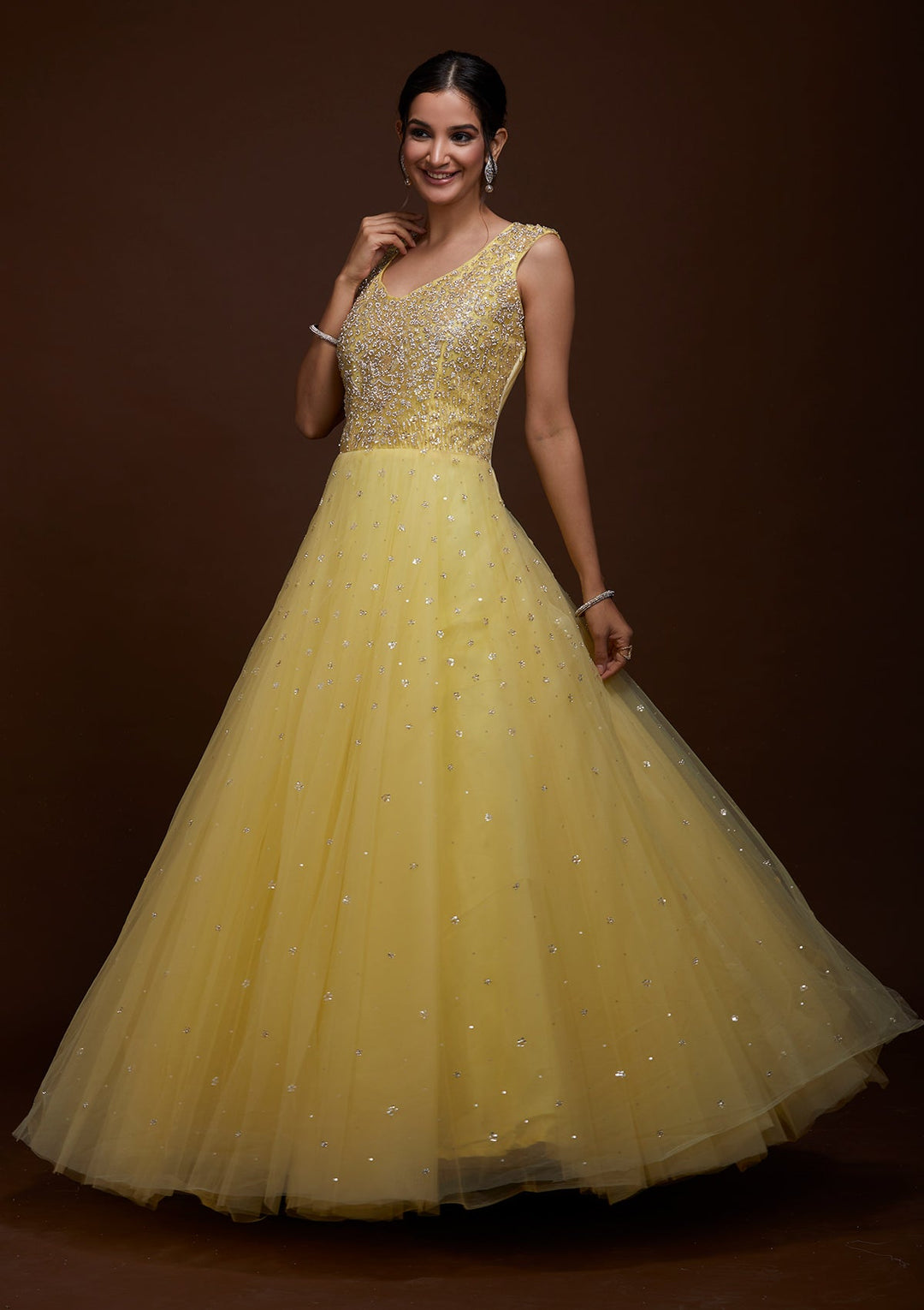 yellow net dress design Net 4 Cut Circular Embroidered Gown XS