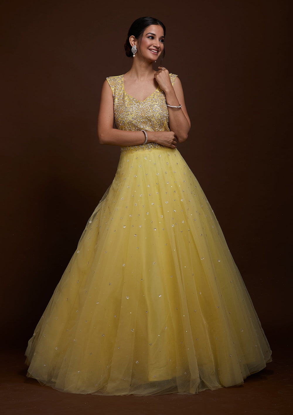 Yellow Silver Stonework Net Gown-Koskii