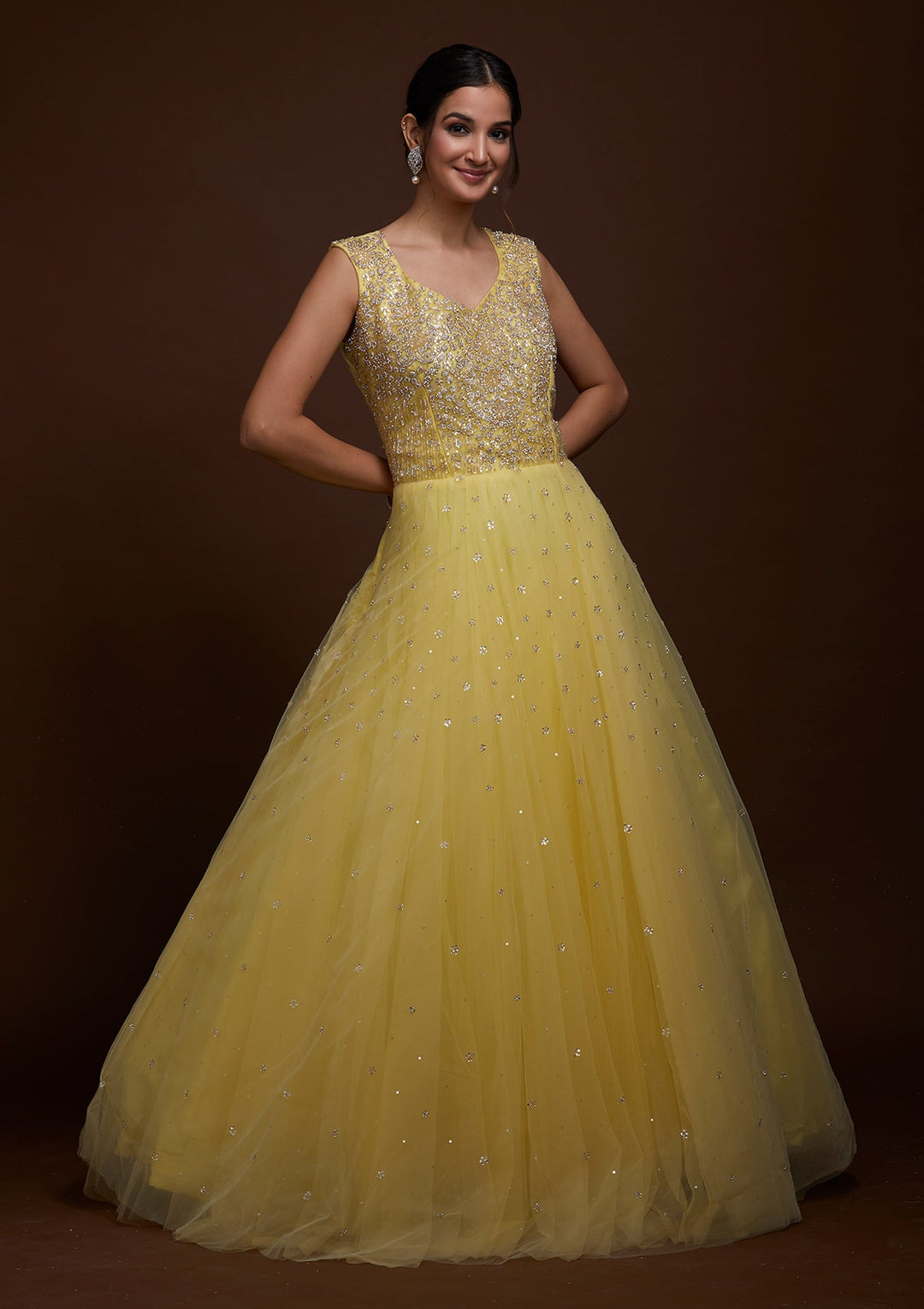 Yellow Silver Stonework Net Gown-Koskii