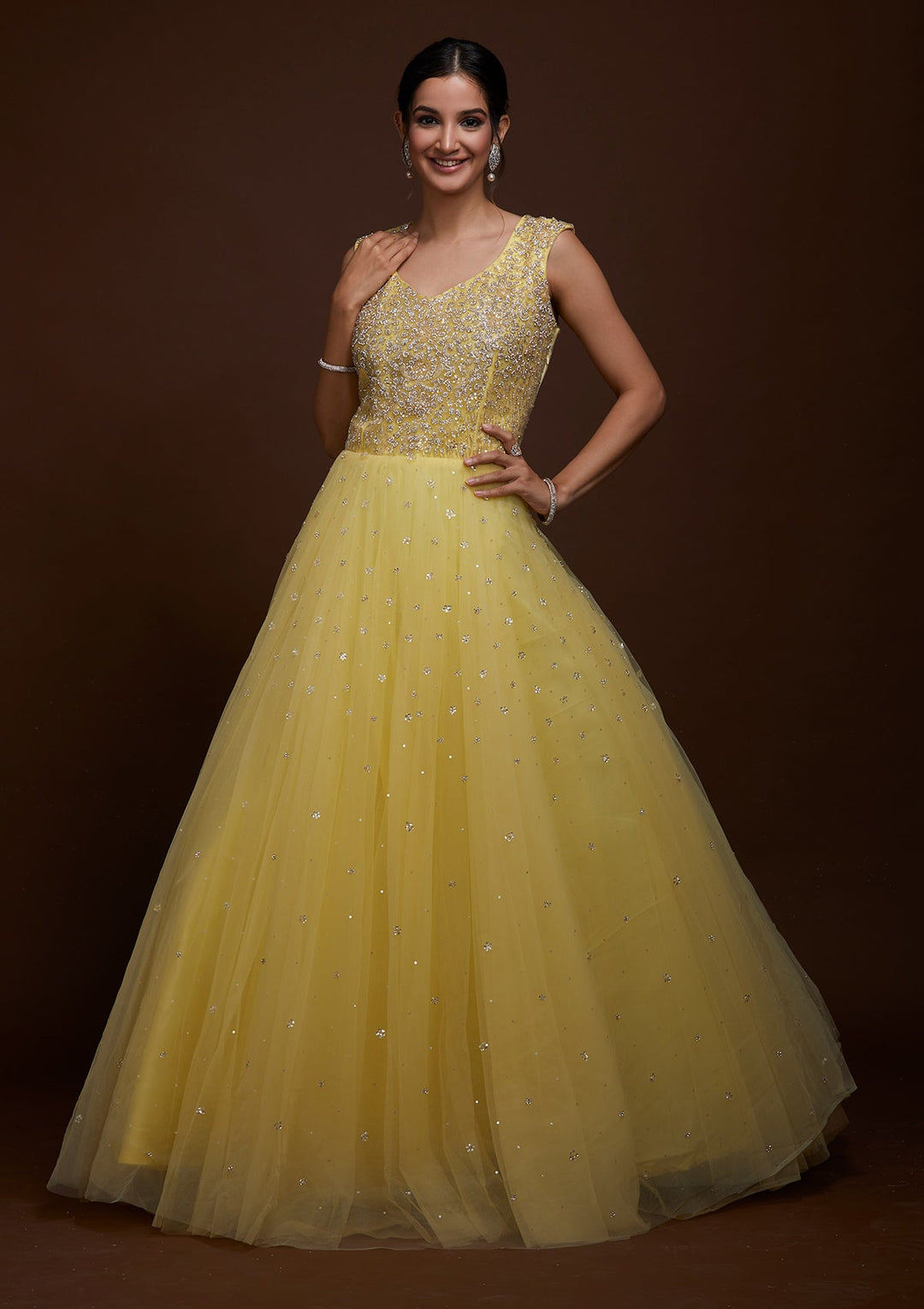 Yellow Silver Stonework Net Gown-Koskii