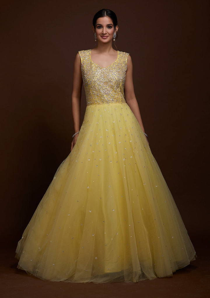 Yellow Silver Stonework Net Gown-Koskii