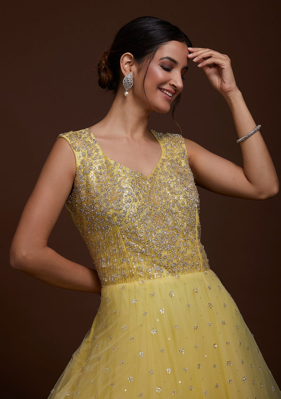 Yellow Silver Stonework Net Gown-Koskii