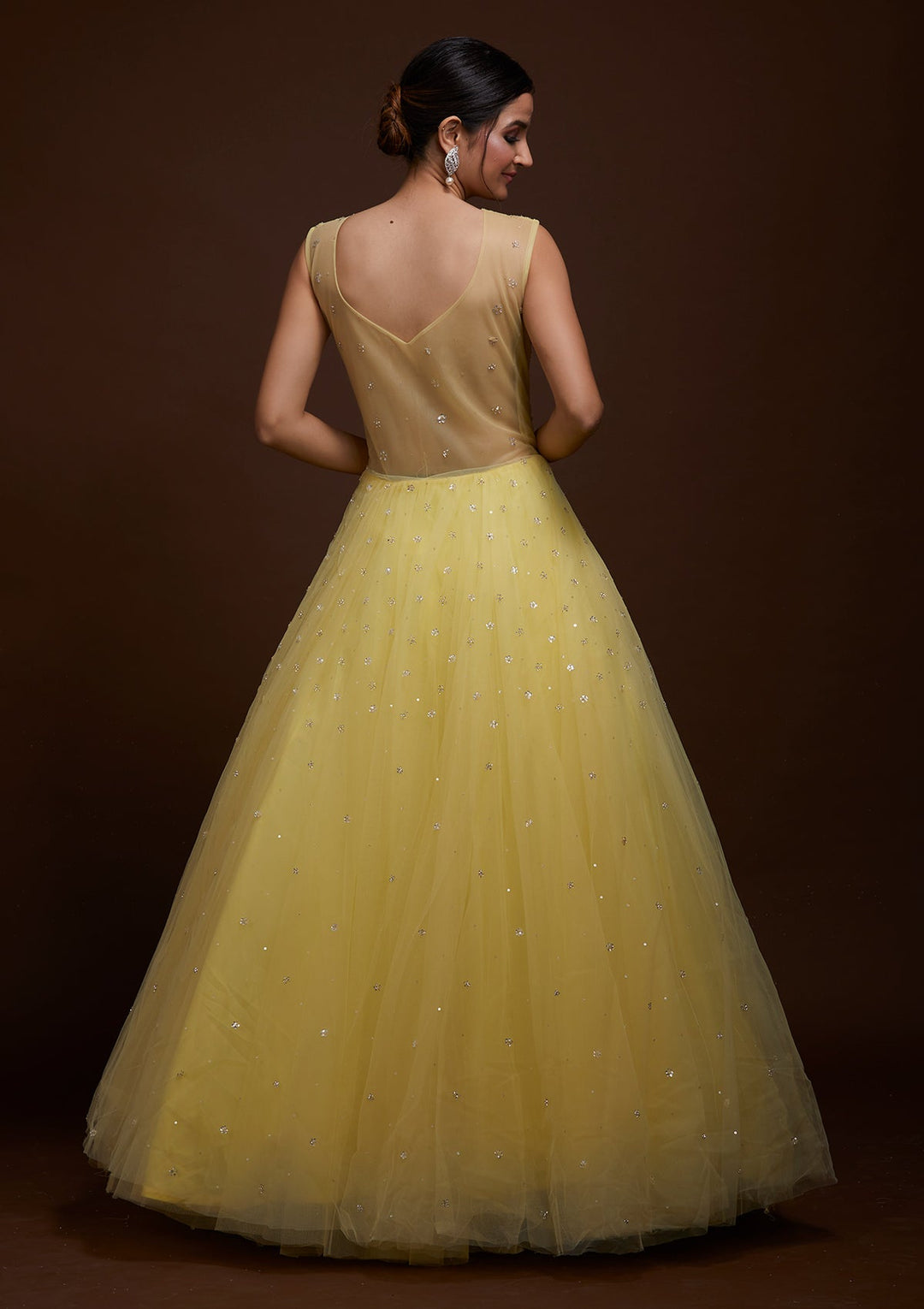 Yellow Silver Stonework Net Gown-Koskii