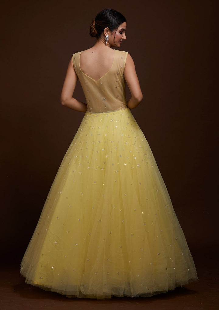 Yellow Silver Stonework Net Gown-Koskii