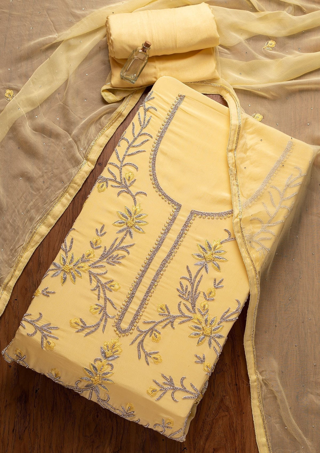 Yellow Silver Stonework Semi Crepe Designer Unstitched Salwar Suit - koskii