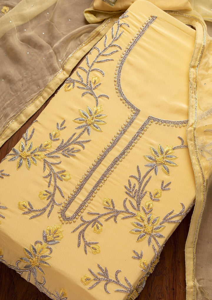 Yellow Silver Stonework Semi Crepe Designer Unstitched Salwar Suit - koskii
