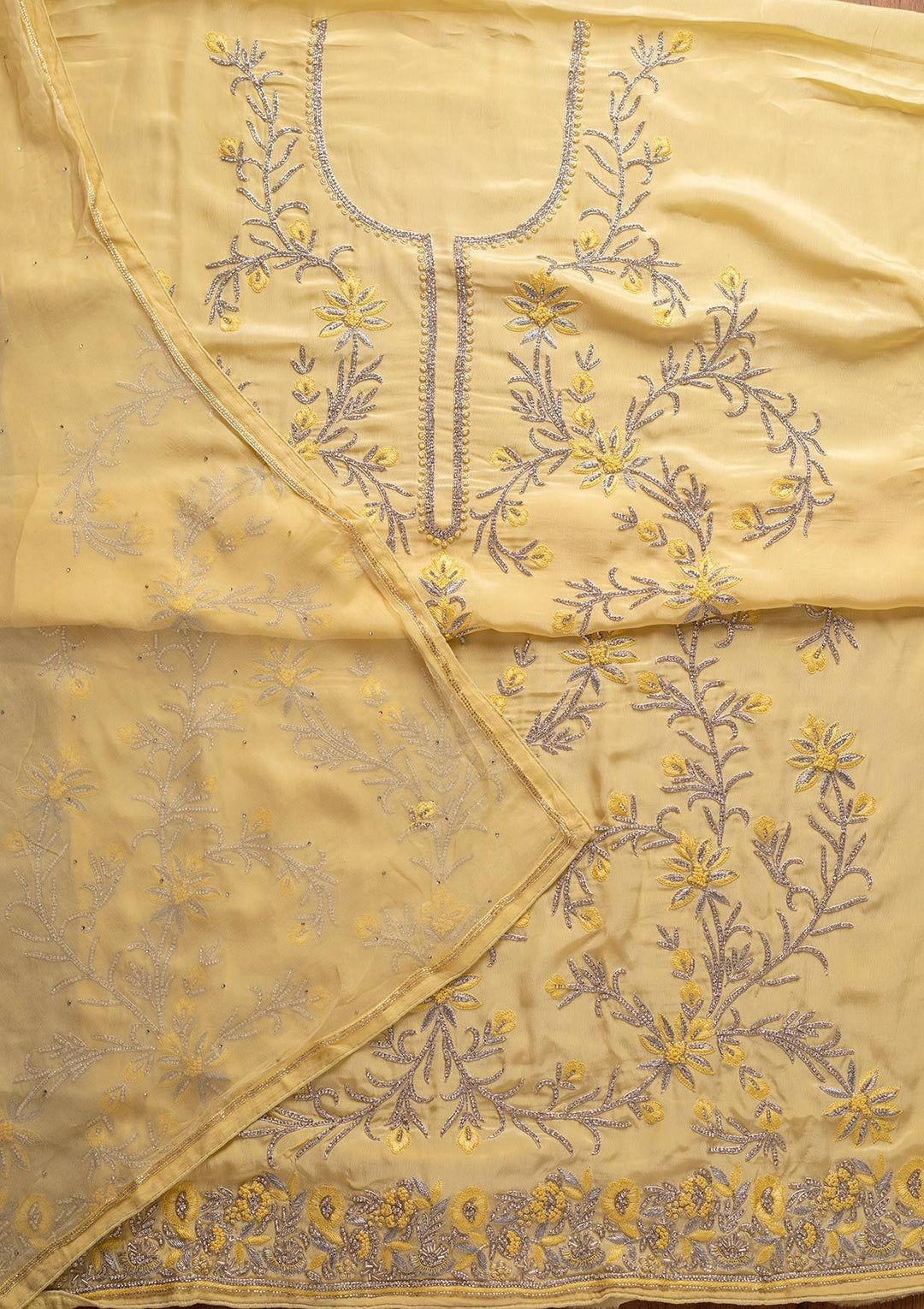 Yellow Silver Stonework Semi Crepe Designer Unstitched Salwar Suit - koskii