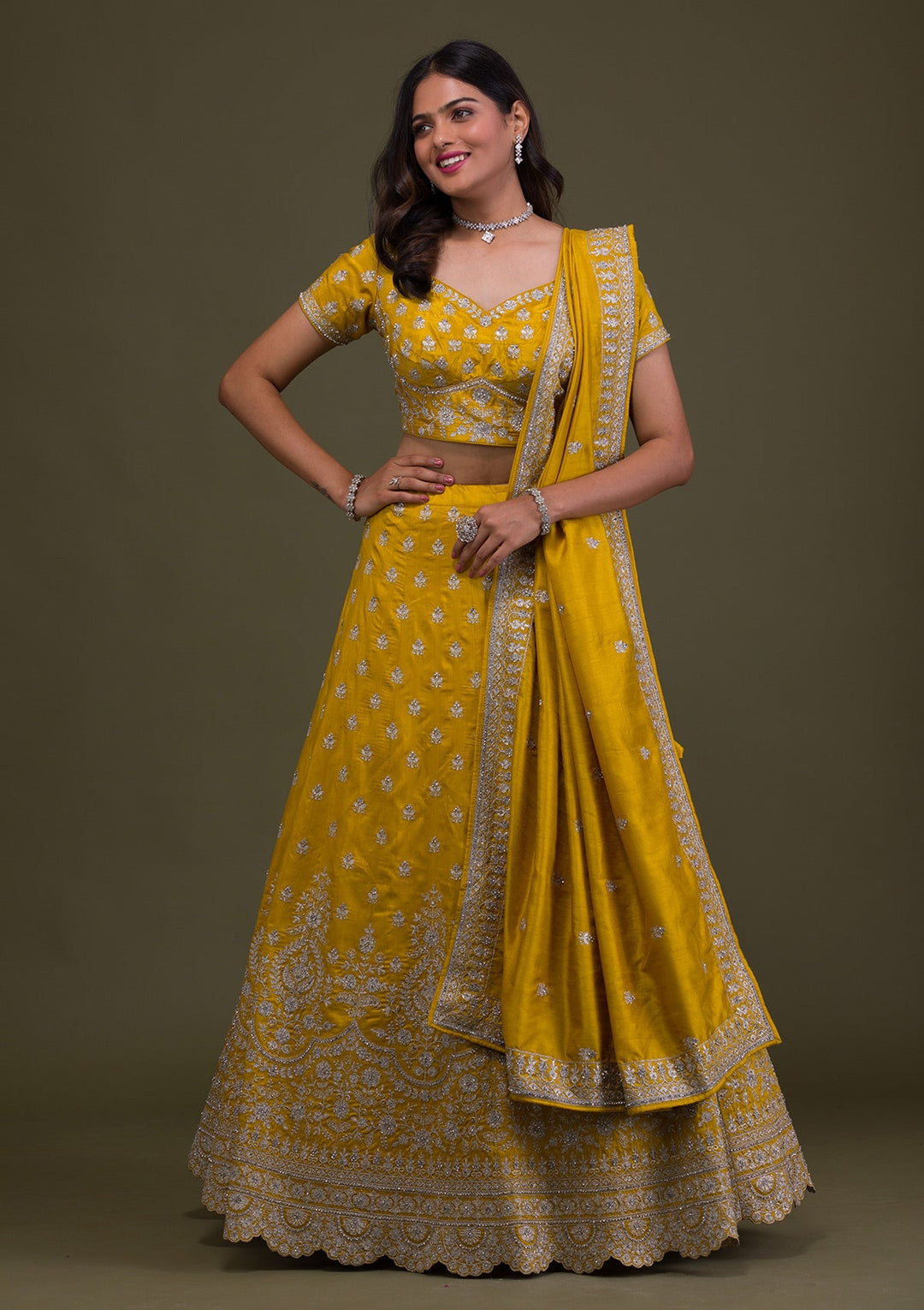 Yellow Zariwork Art Silk Readymade Lehenga-Koskii