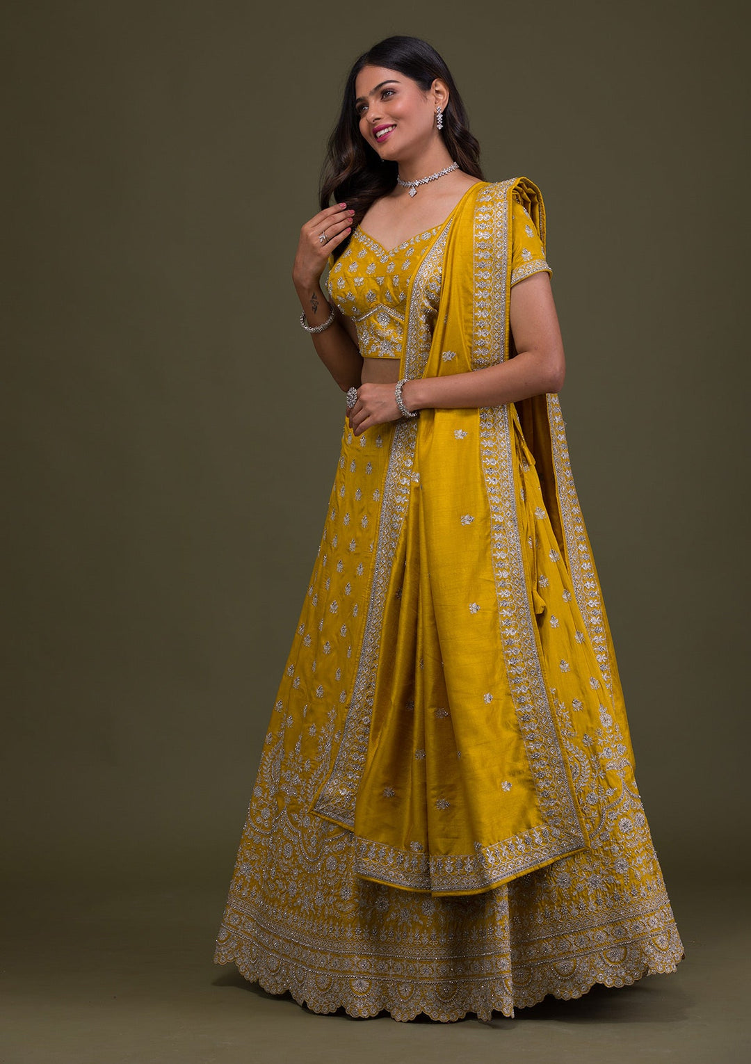Yellow Zariwork Art Silk Readymade Lehenga-Koskii