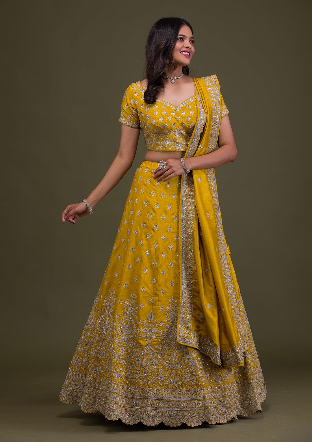 Yellow Zariwork Art Silk Readymade Lehenga-Koskii