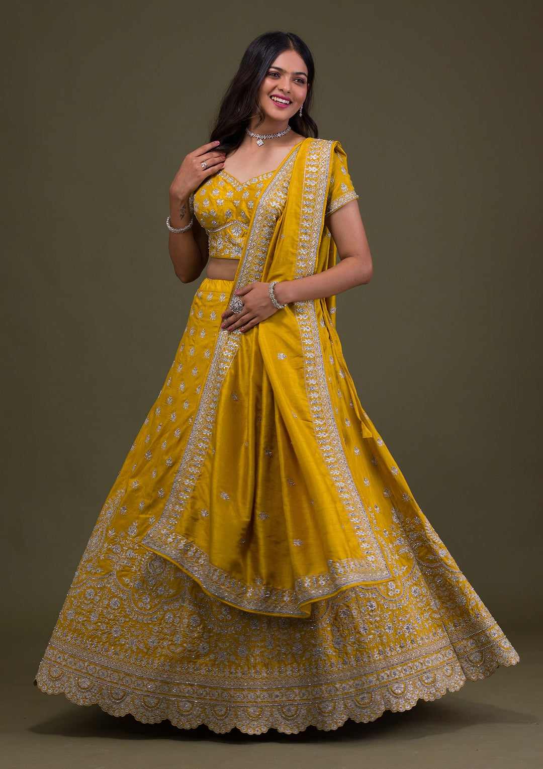 Yellow Zariwork Art Silk Readymade Lehenga-Koskii