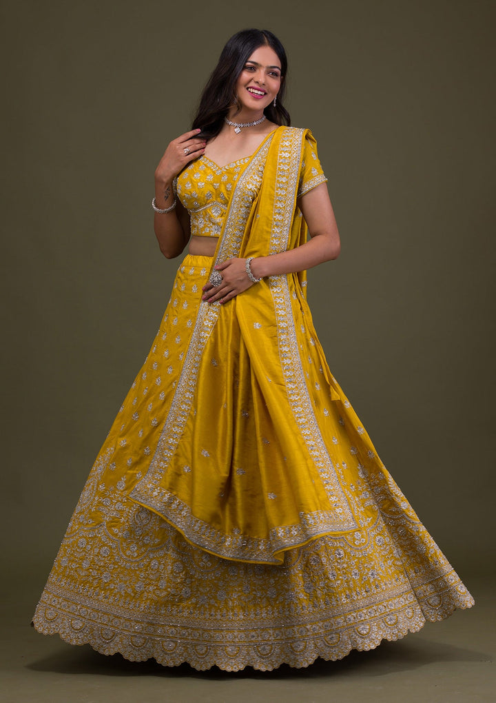 Yellow Zariwork Art Silk Readymade Lehenga-Koskii
