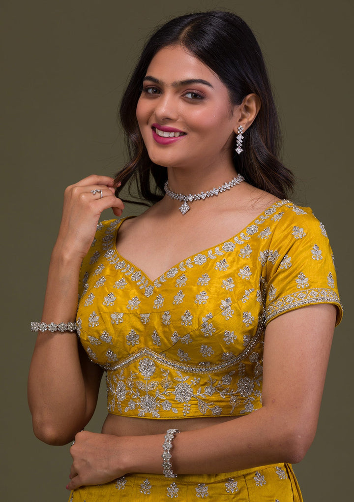 Yellow Zariwork Art Silk Readymade Lehenga-Koskii