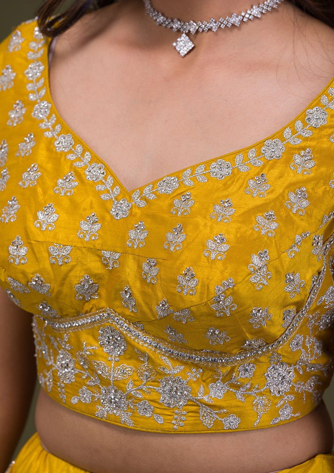 Yellow Zariwork Art Silk Readymade Lehenga-Koskii
