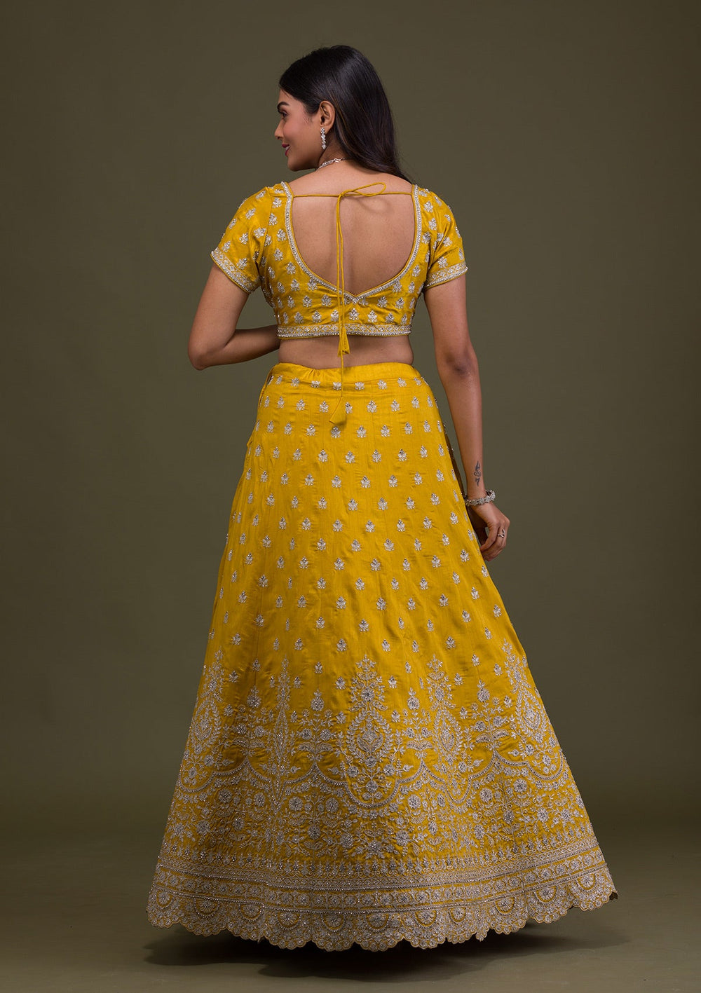 Yellow Zariwork Art Silk Readymade Lehenga-Koskii
