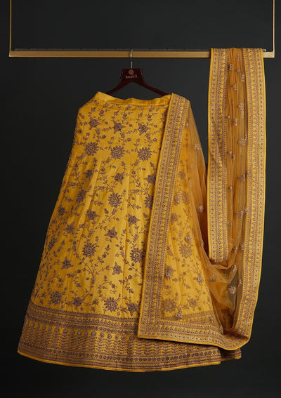 Yellow Stonework Art Silk Designer Semi-Stitched Lehenga - koskii