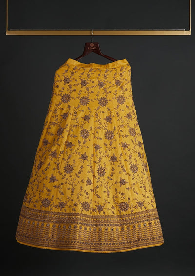 Yellow Stonework Art Silk Designer Semi-Stitched Lehenga - koskii