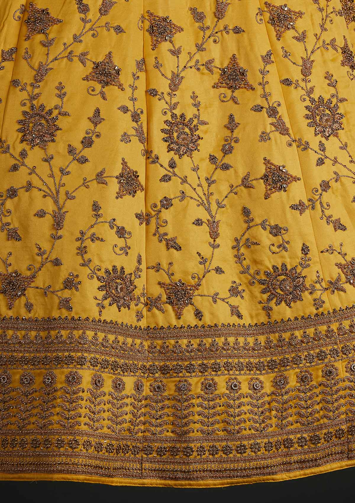 Yellow Stonework Art Silk Designer Semi-Stitched Lehenga - koskii