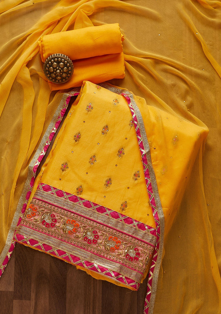 Yellow Stonework Art Silk Designer Unstitched Salwar Suit - Koskii