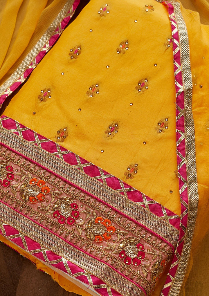 Yellow Stonework Art Silk Designer Unstitched Salwar Suit - Koskii