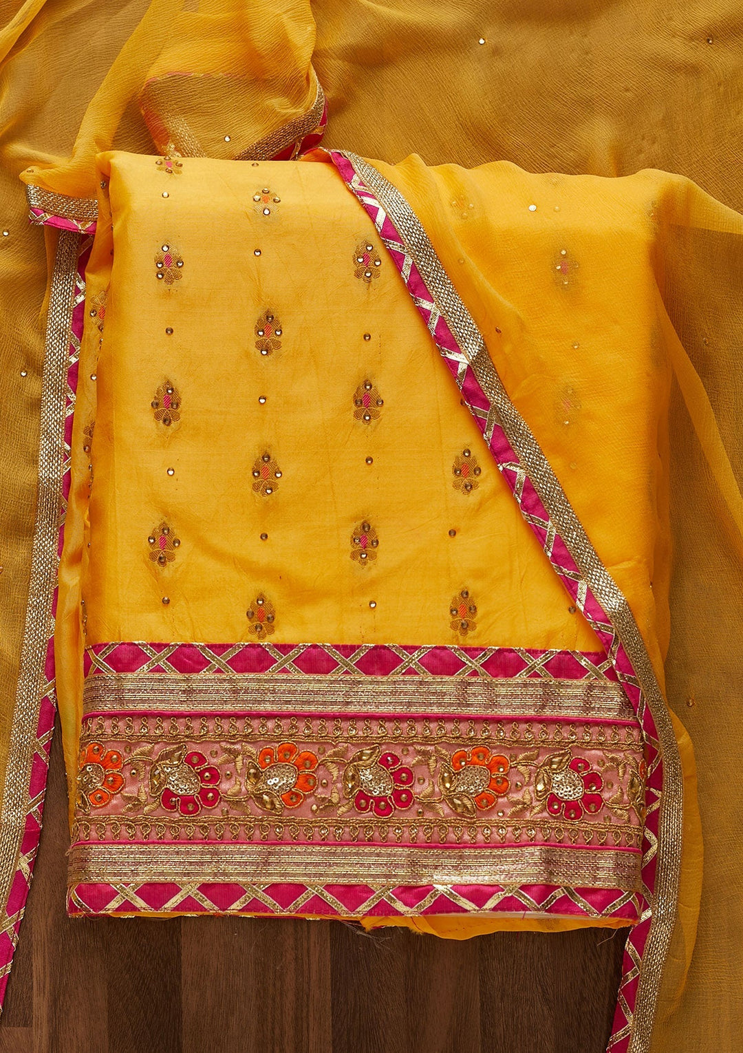 Yellow Stonework Art Silk Designer Unstitched Salwar Suit - Koskii
