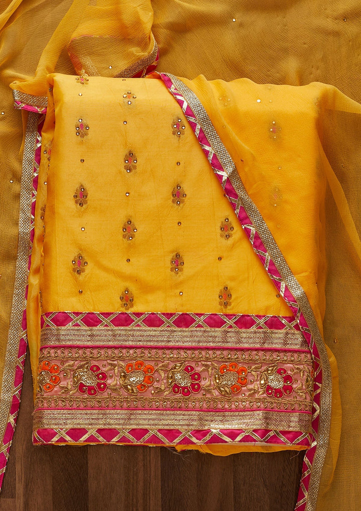Yellow Stonework Art Silk Designer Unstitched Salwar Suit - Koskii