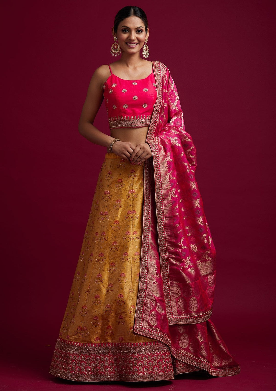 Yellow Stonework Banarasi Designer Semi-Stitched Lehenga - koskii