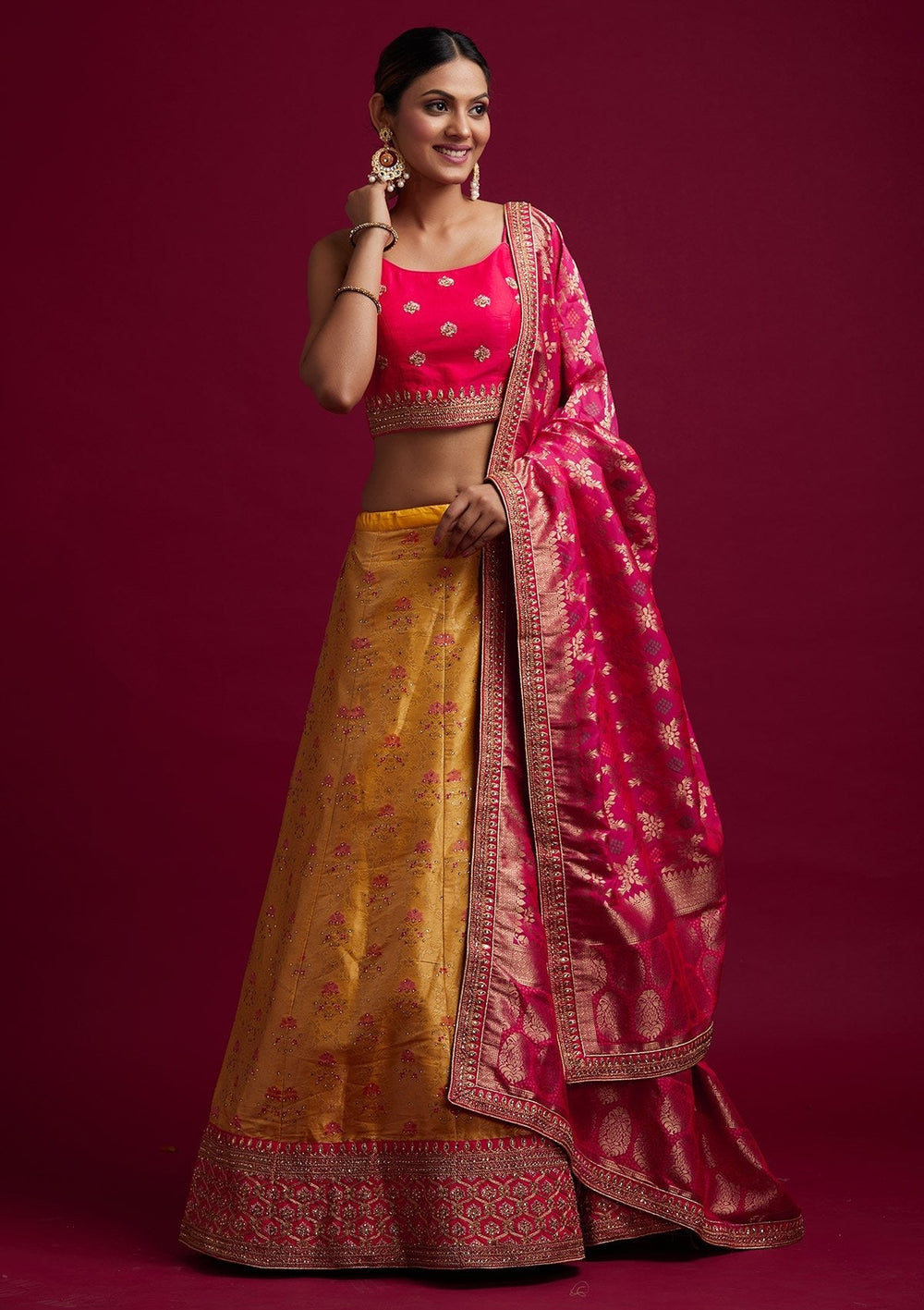 Yellow Stonework Banarasi Designer Semi-Stitched Lehenga - koskii