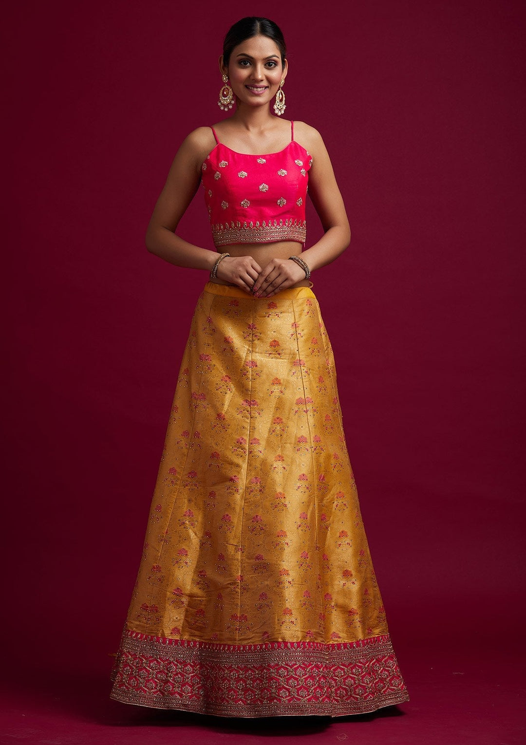 Yellow Stonework Banarasi Designer Semi-Stitched Lehenga - koskii