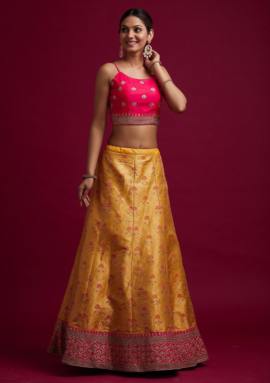 Yellow Stonework Banarasi Designer Semi-Stitched Lehenga - koskii
