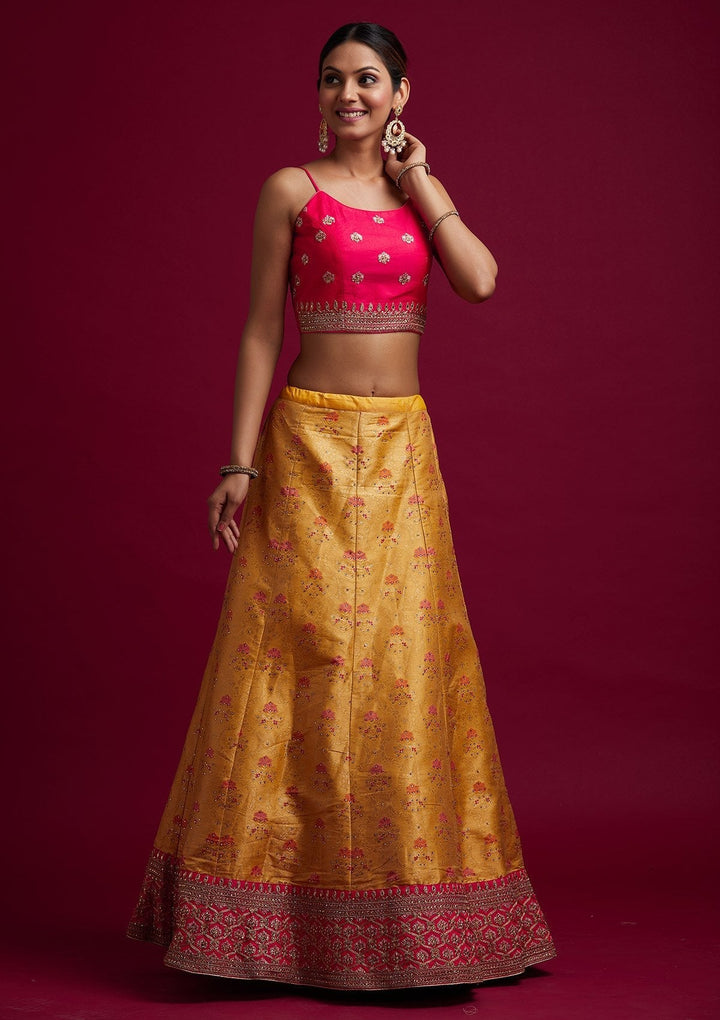 Yellow Stonework Banarasi Designer Semi-Stitched Lehenga - koskii