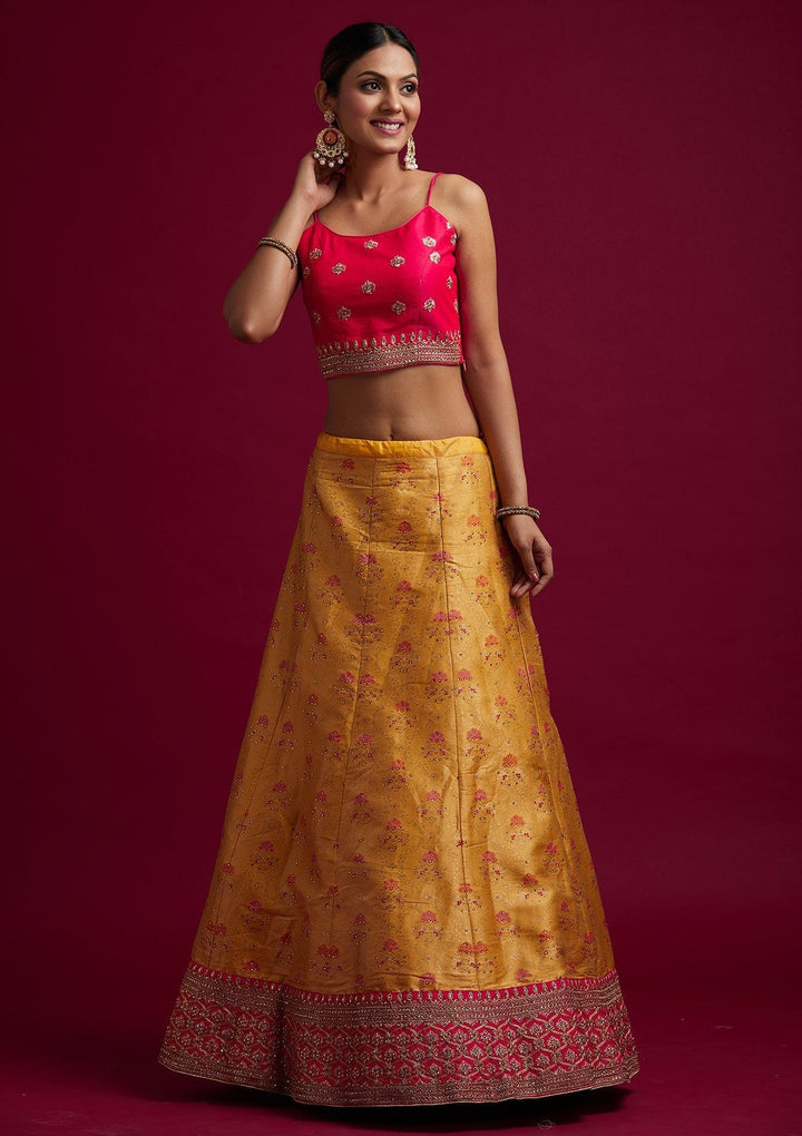 Yellow Stonework Banarasi Designer Semi-Stitched Lehenga - koskii